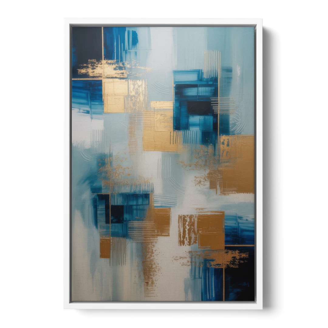 Luxurious Depth Blue and Gold Abstract - White Framed Canvas Wall Art - Front