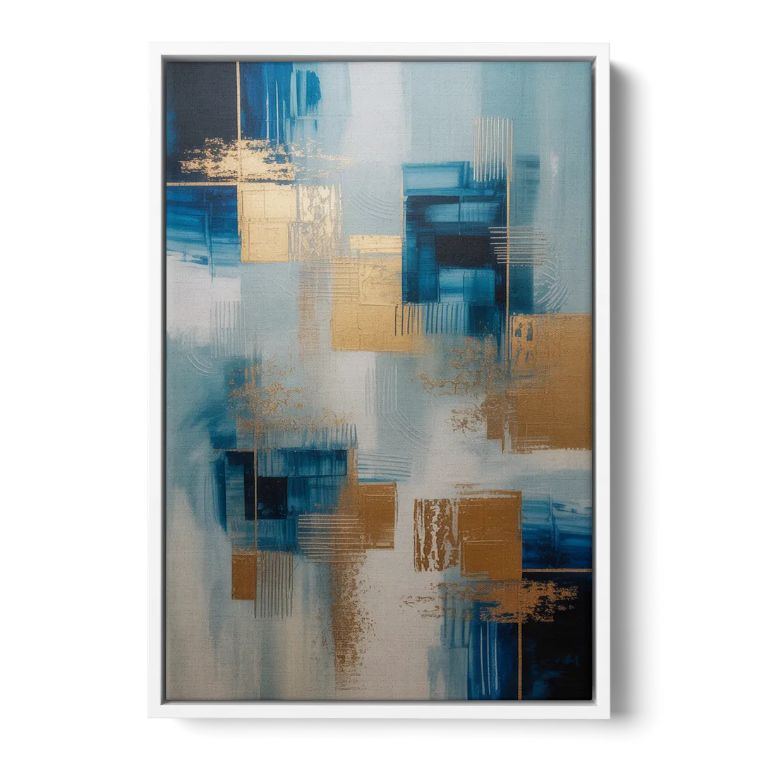 Luxurious Depth Blue and Gold Abstract - White Frame Canvas