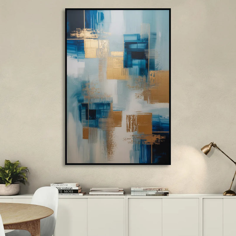 Luxurious Depth Blue and Gold Abstract Sitting Room - Black Canvas Wall Art