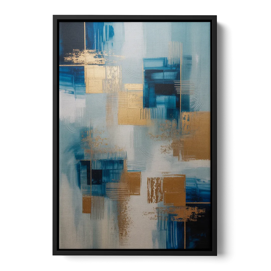Luxurious Depth Blue and Gold Abstract - Black Frame Canvas