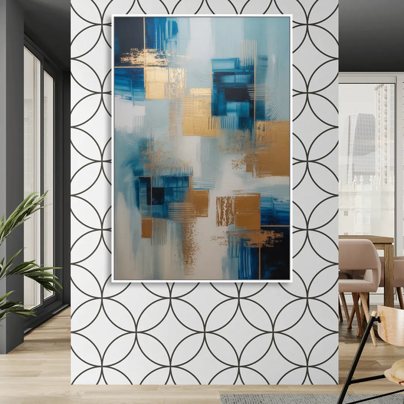 Luxurious Depth Blue and Gold Abstract Living Room - White Canvas Wall Art