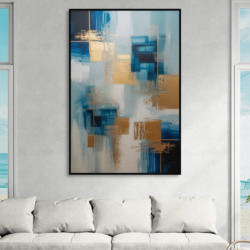 Luxurious Depth Blue and Gold Abstract Living Room - Black Canvas Wall Art