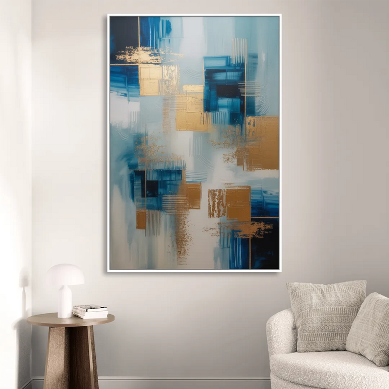 Luxurious Depth Blue and Gold Abstract Sitting Room - White Canvas Wall Art
