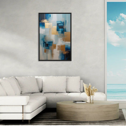 Luxurious Depth Blue and Gold Abstract - Living Room Black Frame Canvas