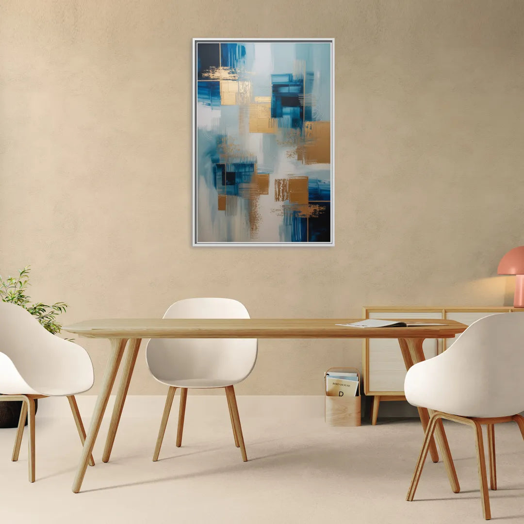 Luxurious Depth Blue and Gold Abstract - Living Room White Frame Canvas
