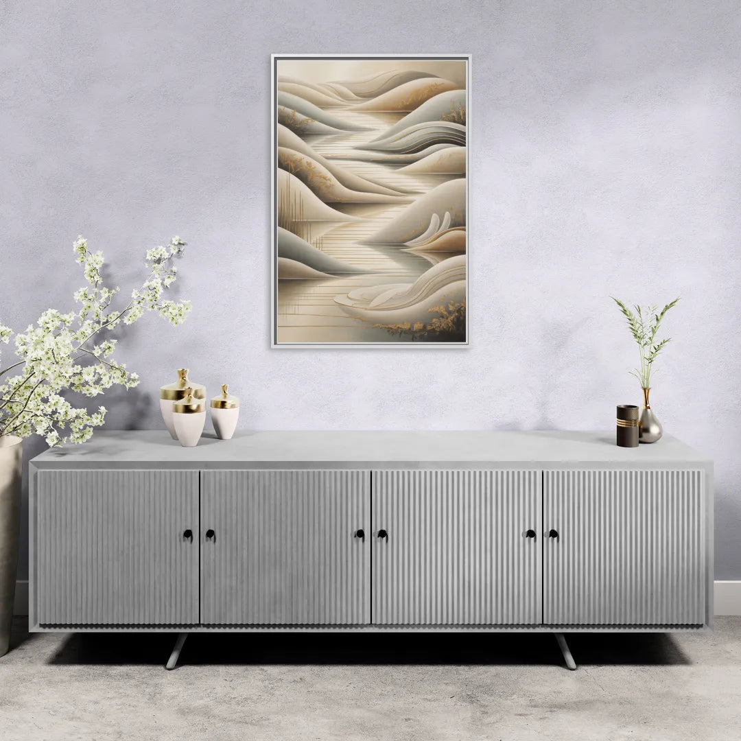 Luxurious Flowing Forms Beige Abstract - Living Room White Frame Canvas