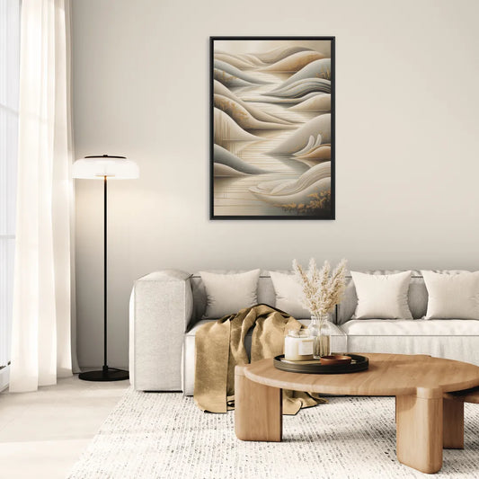 Luxurious Flowing Forms Beige Abstract - Living Room Black Frame Canvas
