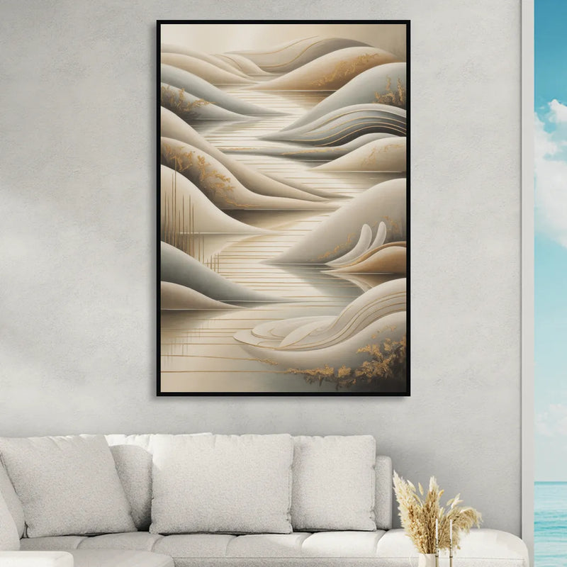 Luxurious Flowing Forms Beige Abstract Sitting Room - Black Canvas Wall Art