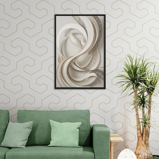 Luxurious Flowing Movement White Abstract - Living Room Black Frame Canvas