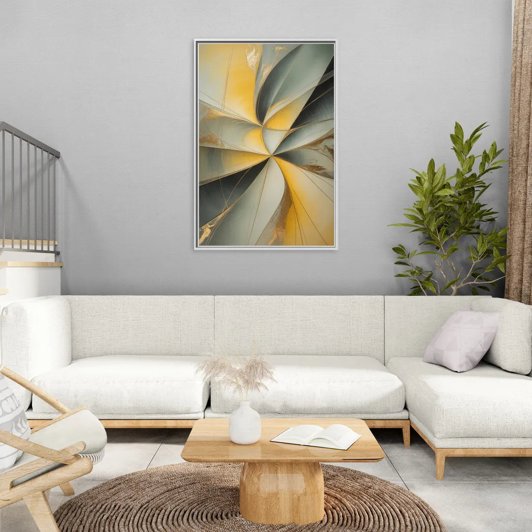 Luxurious Forms Yellow and Grey Abstract - Living Room White Frame Canvas