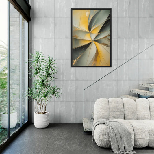 Luxurious Forms Yellow and Grey Abstract - Living Room Black Frame Canvas