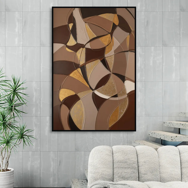 Luxurious Geometric Harmony Brown Abstract Living Room - Black Canvas Wall Art