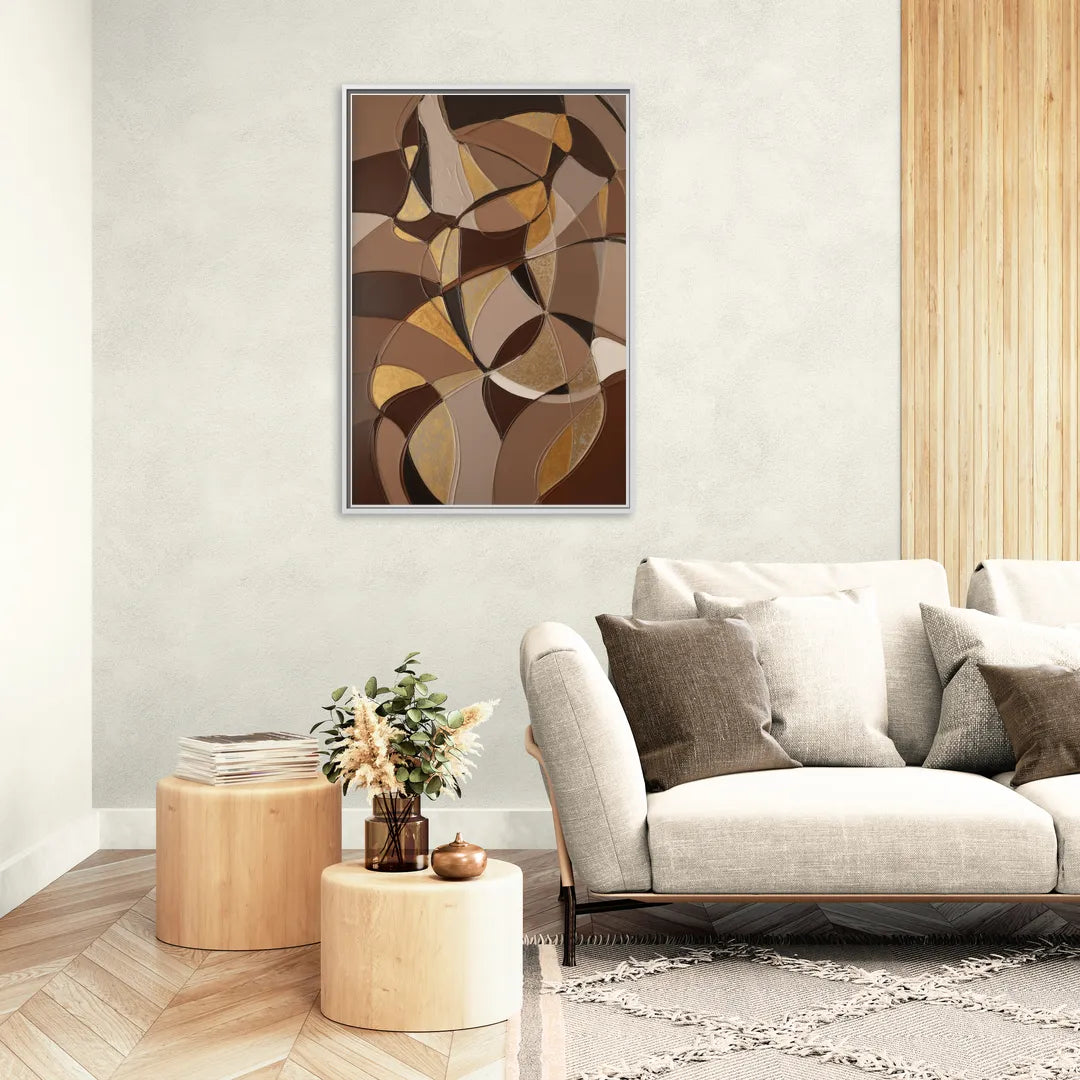 Luxurious Geometric Harmony Brown Abstract - Living Room White Frame Canvas