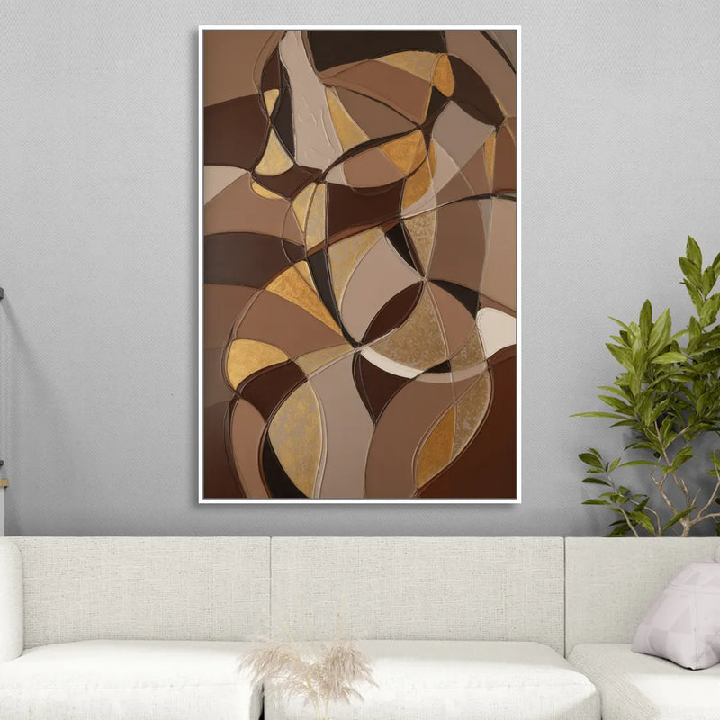 Luxurious Geometric Harmony Brown Abstract Living Room - White Canvas Wall Art