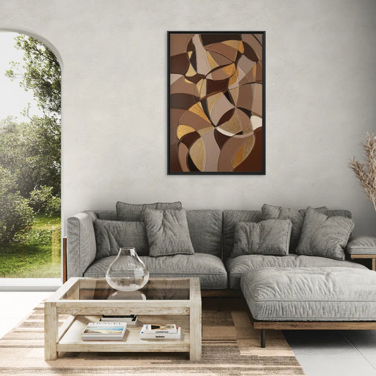 Luxurious Geometric Harmony Brown Abstract - Living Room Black Frame Canvas