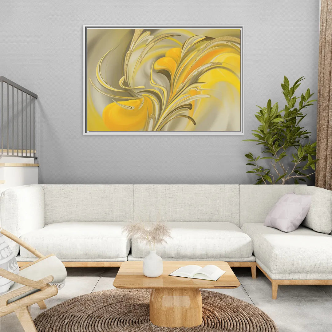 Luxurious Motion Yellow Abstract - Living Room White Frame Canvas