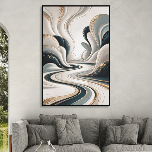 Luxurious Serenity White Abstract Living Room - Black Canvas Wall Art
