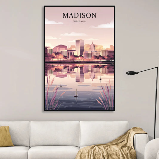 Madison Lake Monona Reflections Living Room - Black Canvas Wall Art