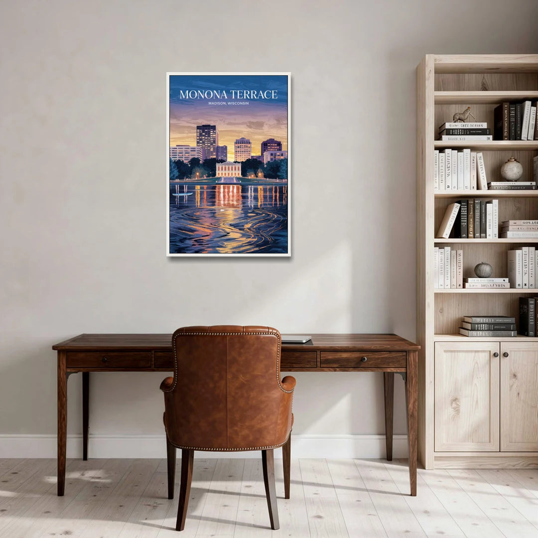 Madison Monona Terrace View - White Framed Canvas Wall Art - Office - 24x36