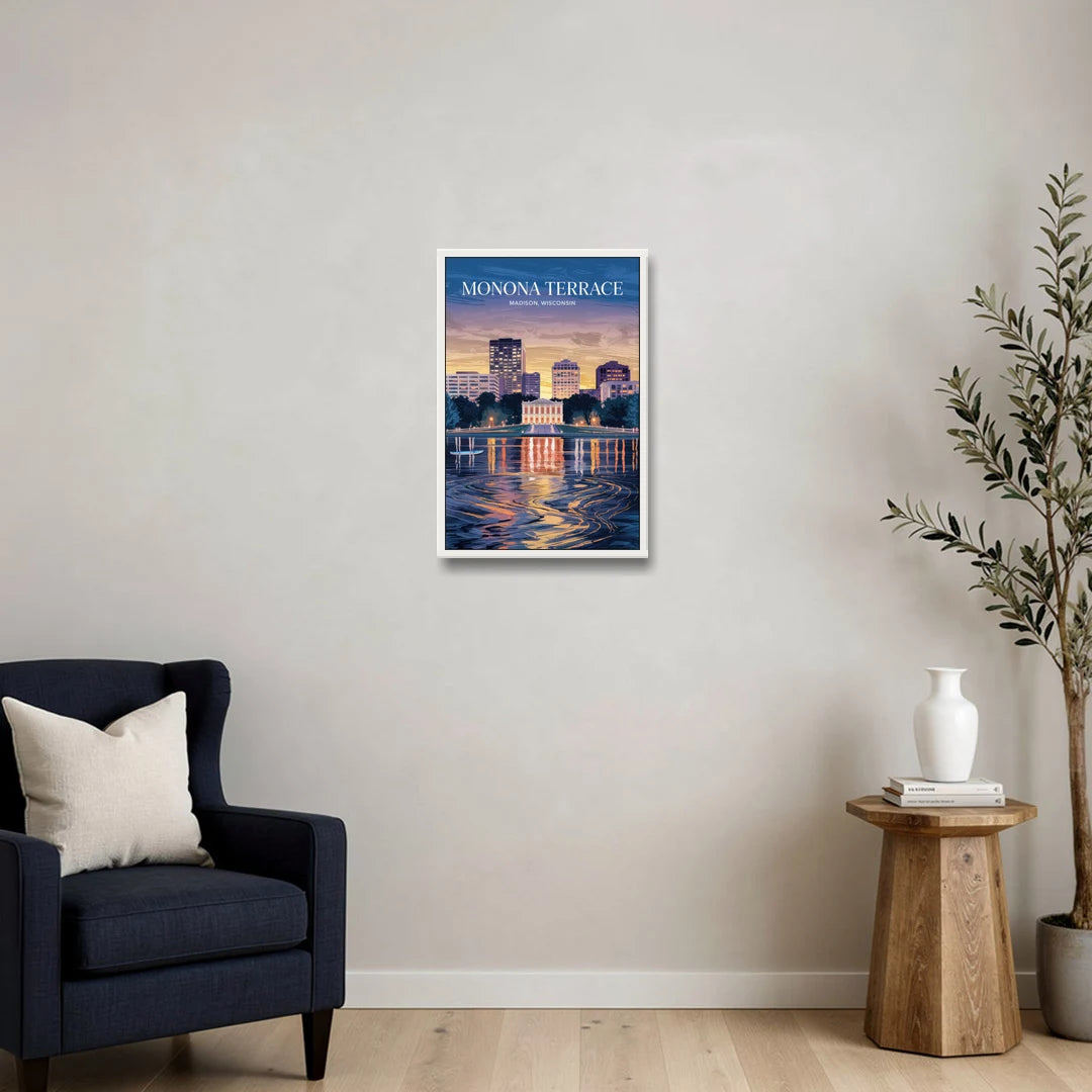 Madison Monona Terrace View - White Framed Canvas Wall Art - Sofa - 16x24