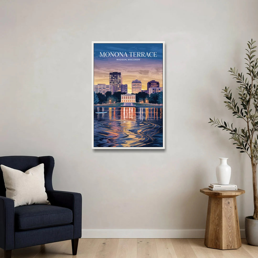 Madison Monona Terrace View - White Framed Canvas Wall Art - Sofa - 24x36
