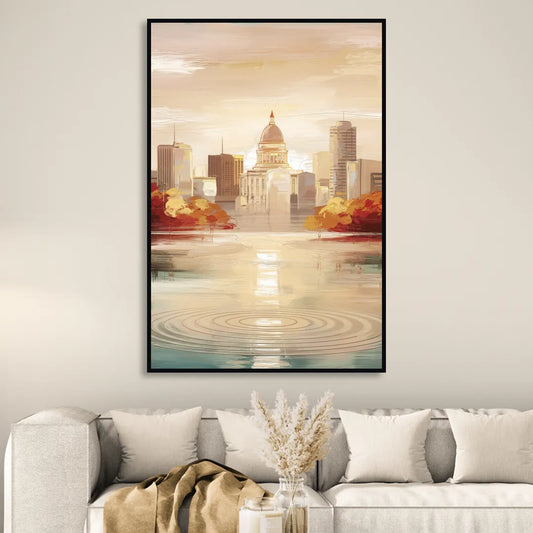 Madison Sunrise Over Downtown Living Room - Black Canvas Wall Art