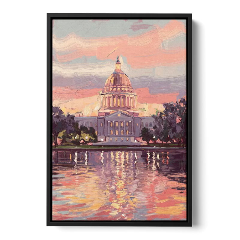 Madison Sunset Over Capitol Front - Black Canvas Wall Art