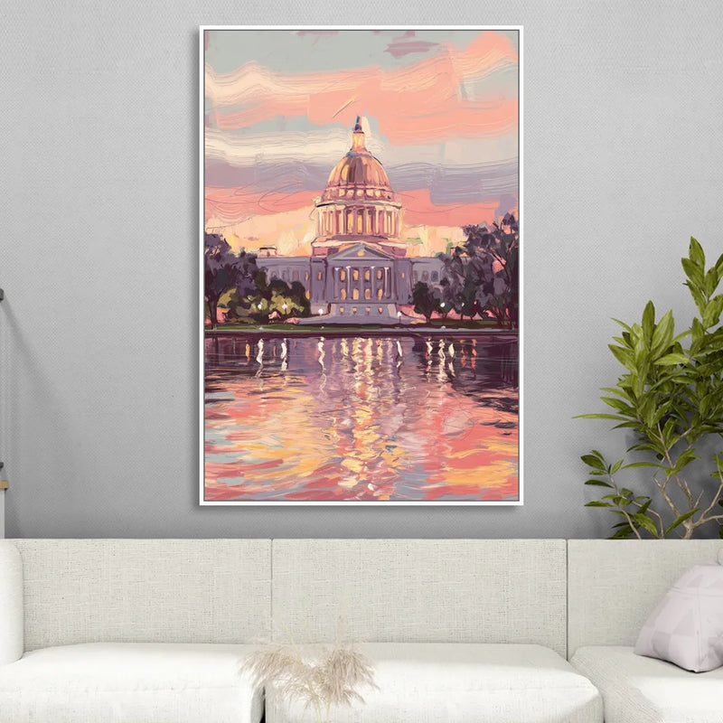 Madison Sunset Over Capitol Sitting Room - White Canvas Wall Art