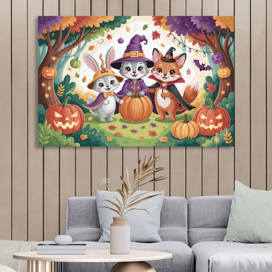 Magical Animals in Cute Halloween Living Room - Canvas Wall Art