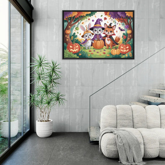 Magical Animals in Cute Halloween - Living Room Black Frame Canvas