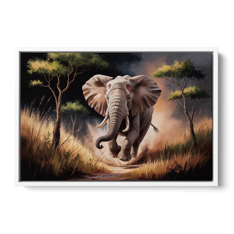 Majestic Elephant Charge Front - White Canvas Wall Art