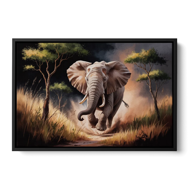Majestic Elephant Charge Front - Black Canvas Wall Art