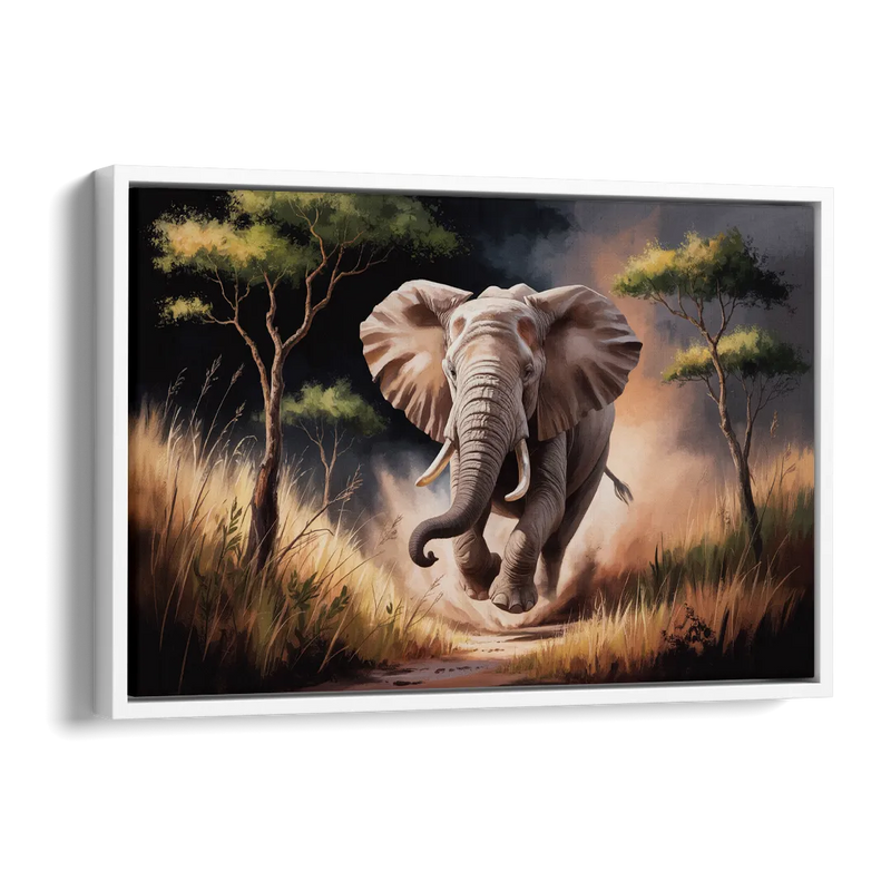 Majestic Elephant Charge Side - White Canvas Wall Art