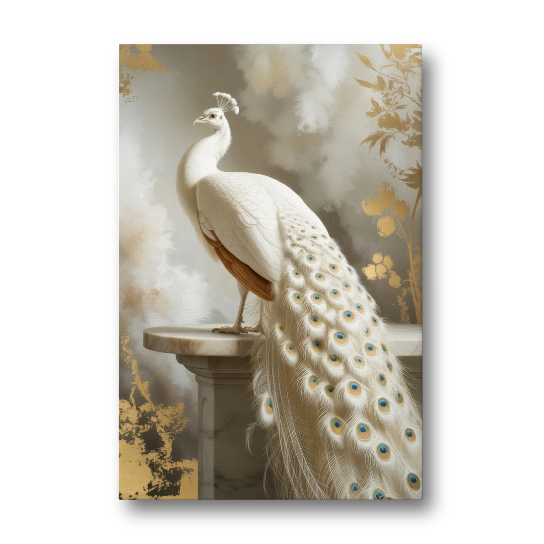 Majestic Peacock Elegance White and Gold - Canvas Wall Art - Front