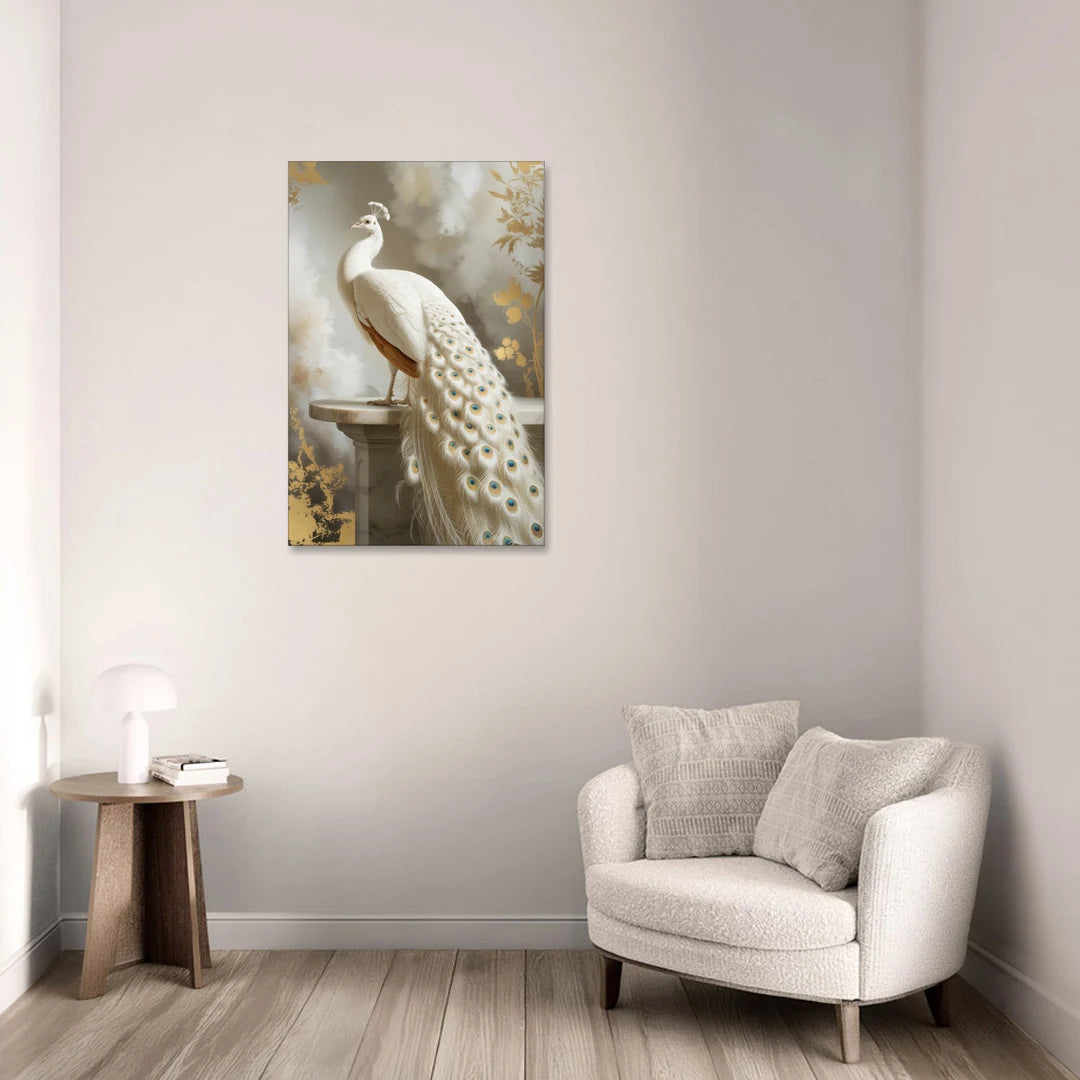 Majestic Peacock Elegance White and Gold - Canvas Wall Art - Sofa - 24x36