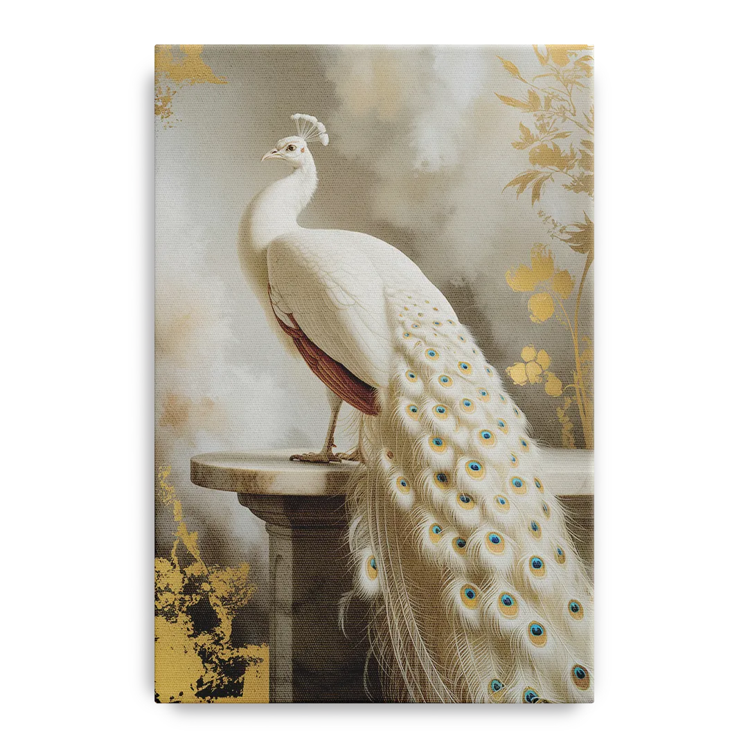 Majestic Peacock Elegance White and Gold - Canvas Wall Art