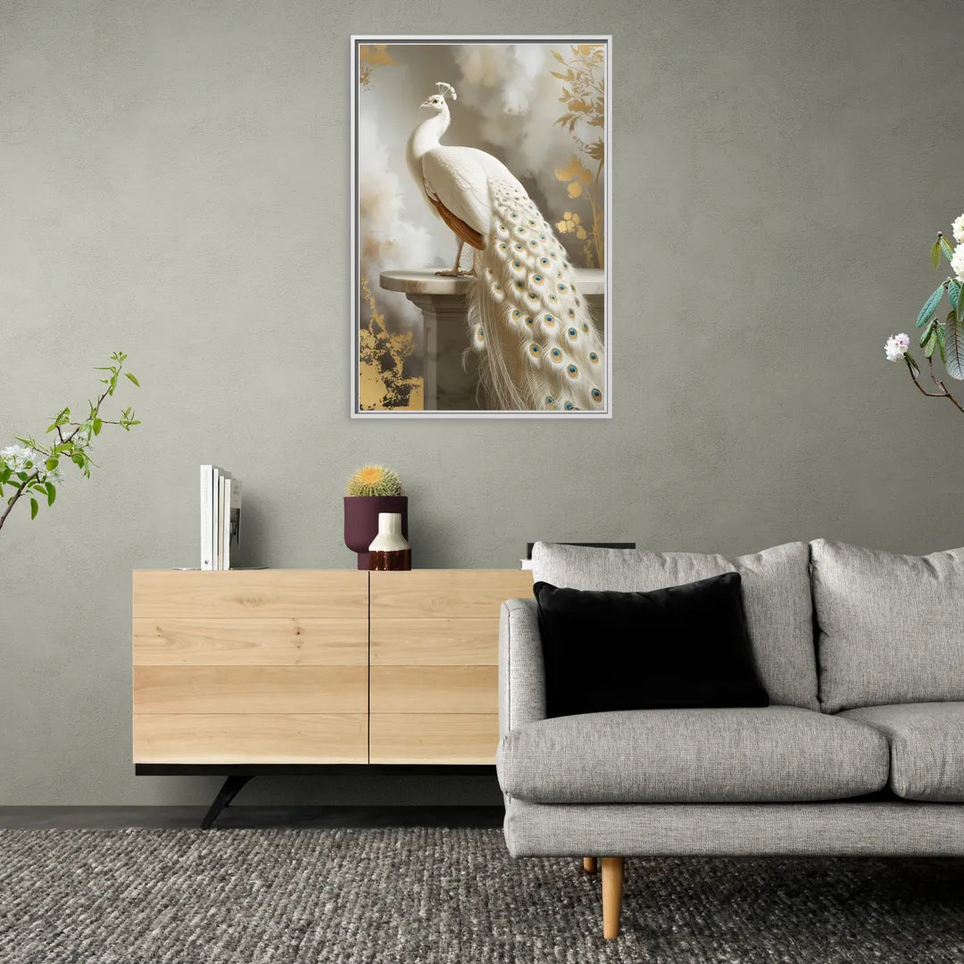 Majestic Peacock Elegance White and Gold - Living Room White Frame Canvas