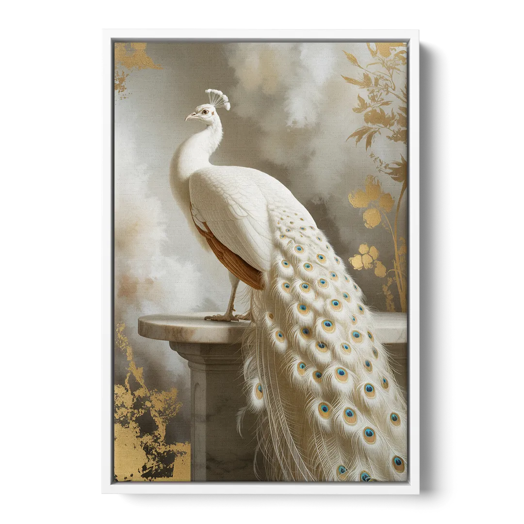Majestic Peacock Elegance White and Gold - White Frame Canvas