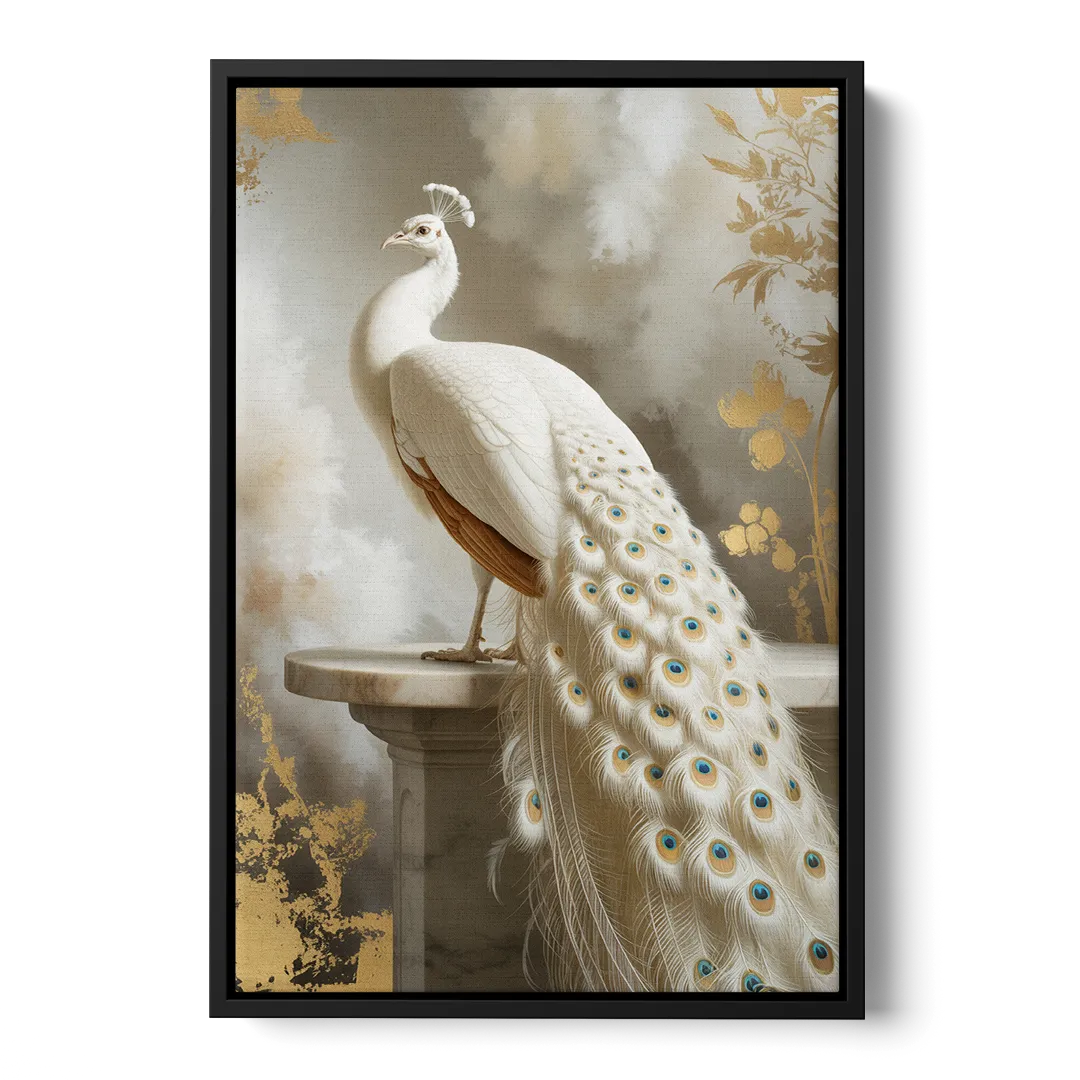 Majestic Peacock Elegance White and Gold - Black Frame Canvas