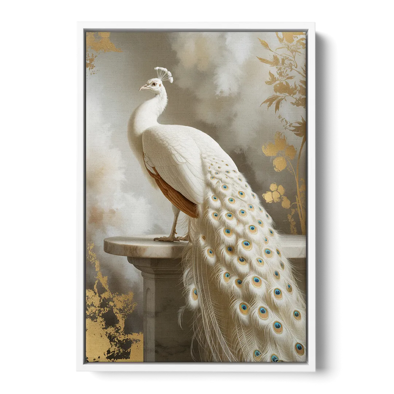 Majestic Peacock Elegance White and Gold Front - White Canvas Wall Art