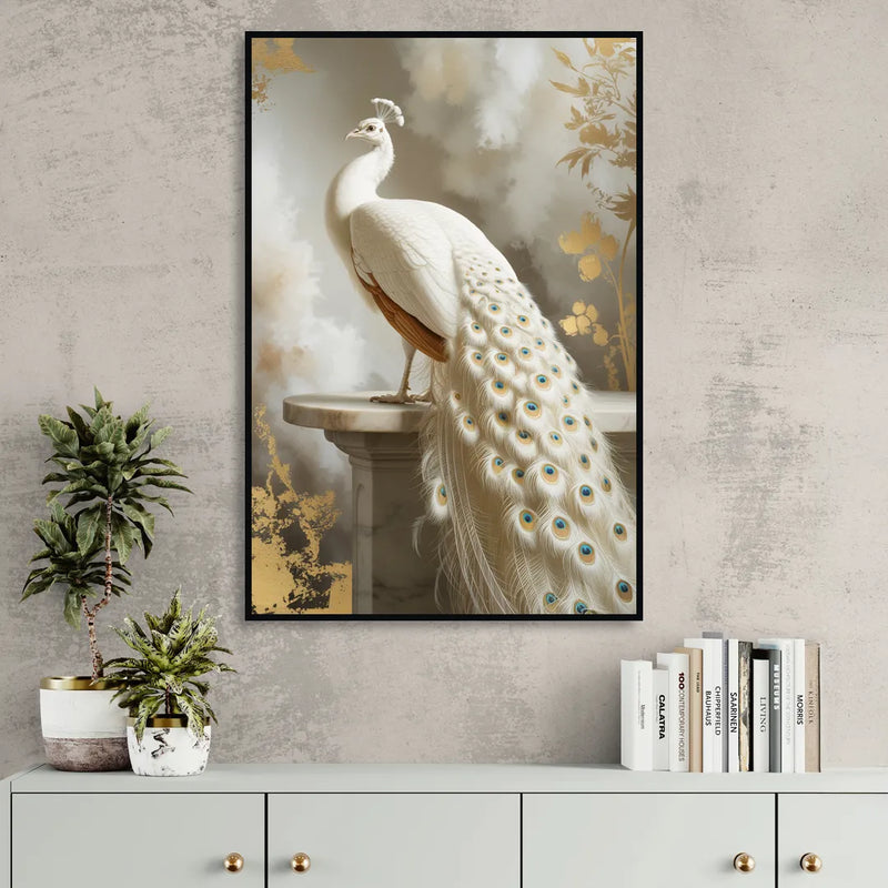 Majestic Peacock Elegance White and Gold Sitting Room - Black Canvas Wall Art