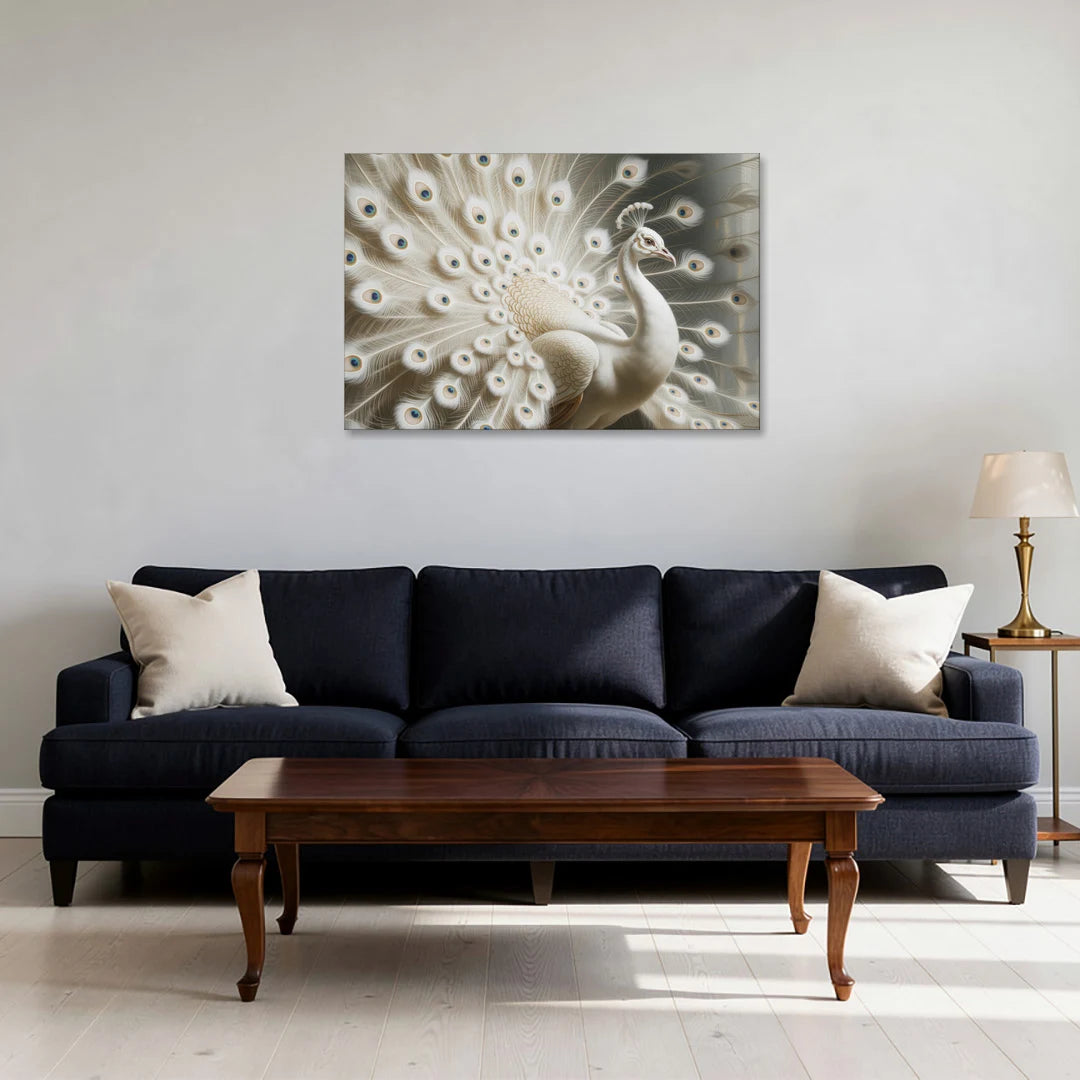Majestic Peacock in White and Gold - Canvas Wall Art - Sofa - 36x24