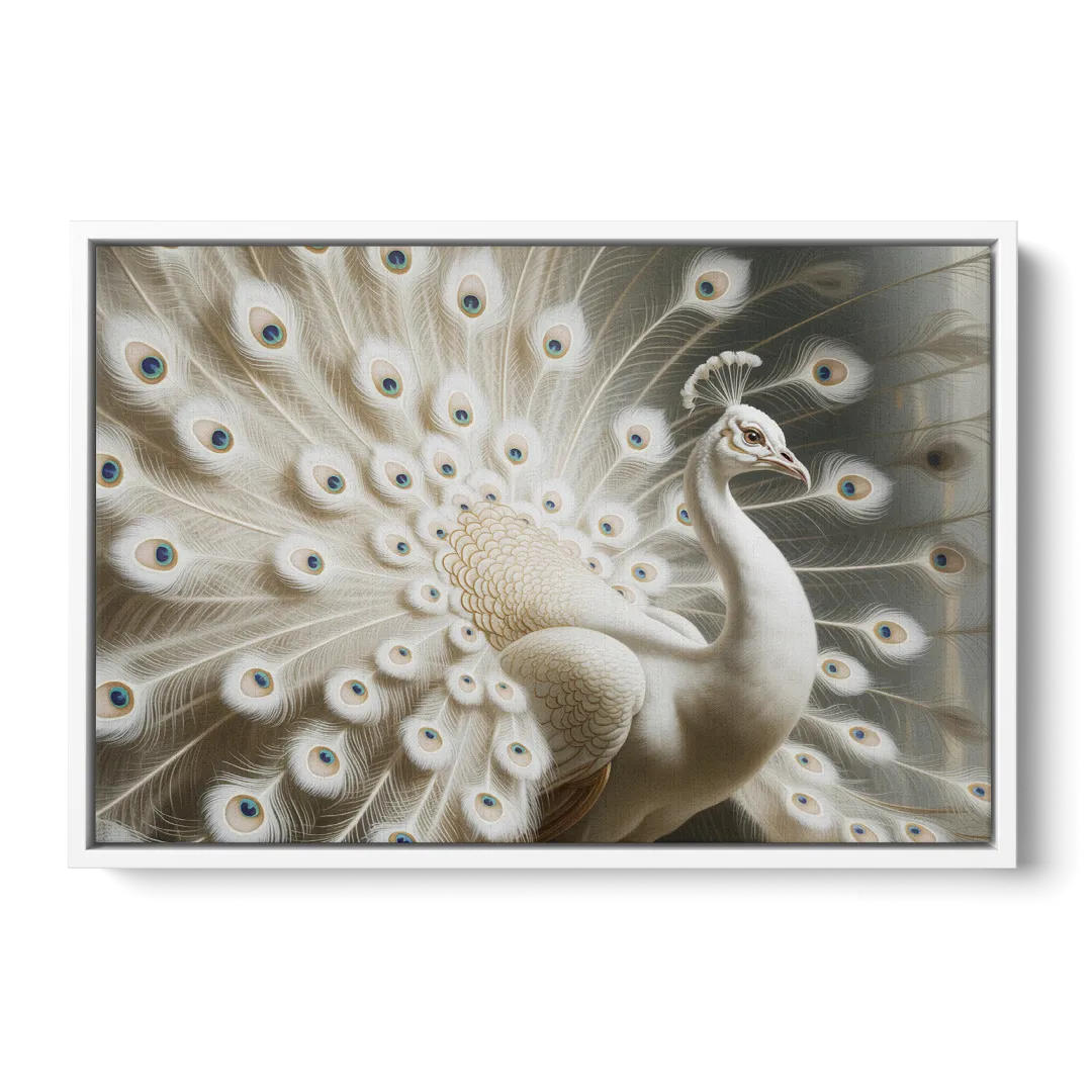Majestic Peacock in White and Gold - White Frame Canvas