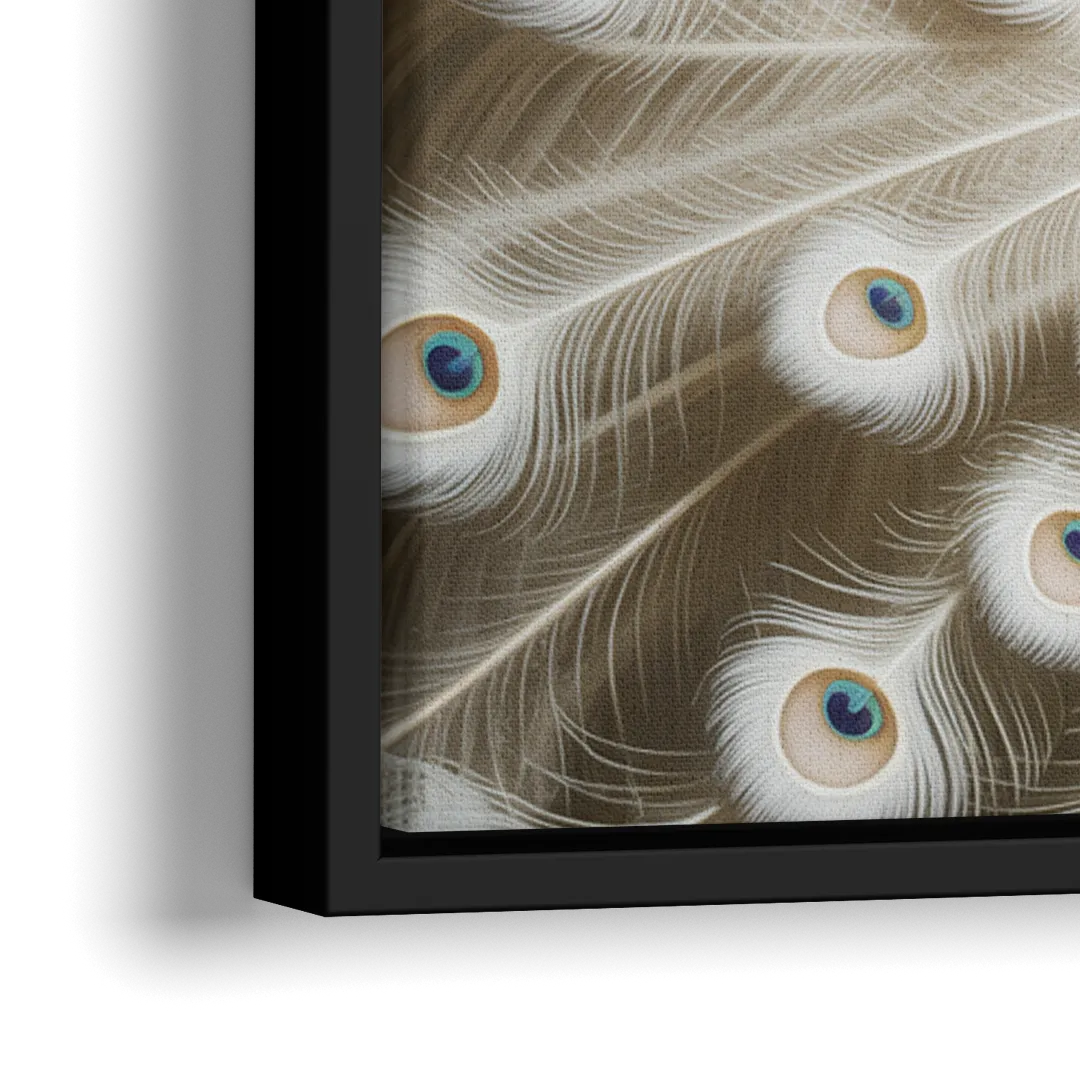 Majestic Peacock in White and Gold - Close-Up Black Frame Canvas