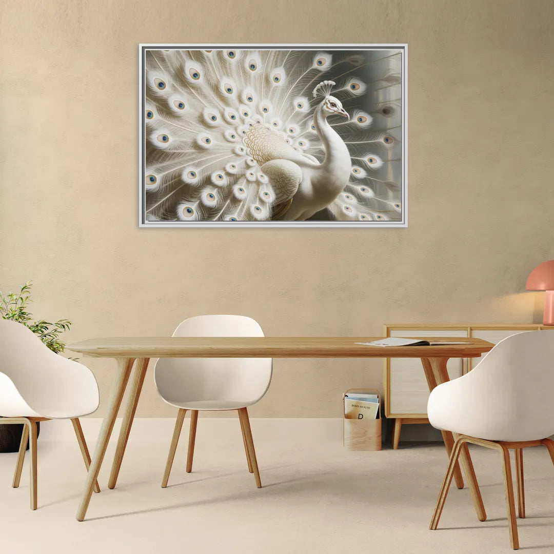Majestic Peacock in White and Gold - Living Room White Frame Canvas