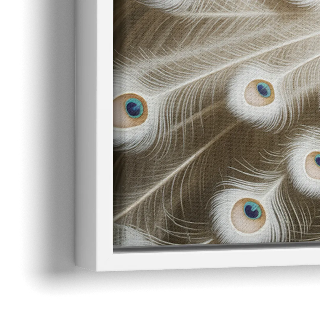 Majestic Peacock in White and Gold - Close-Up White Frame Canvas