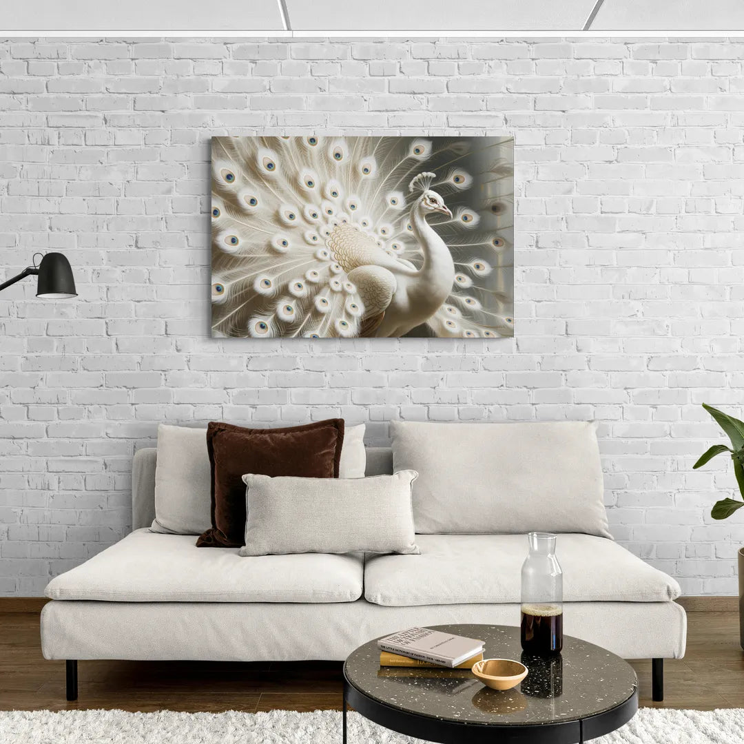 Majestic Peacock in White and Gold - Canvas Wall Art Living Room