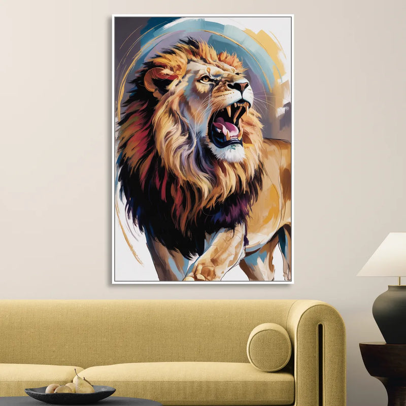 Majestic Roaring Lion Living Room - White Canvas Wall Art