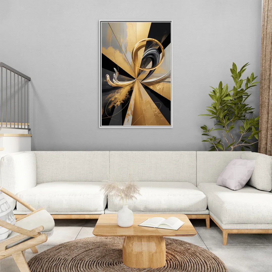 Majestic Symmetry Black and Gold Abstract - Living Room White Frame Canvas