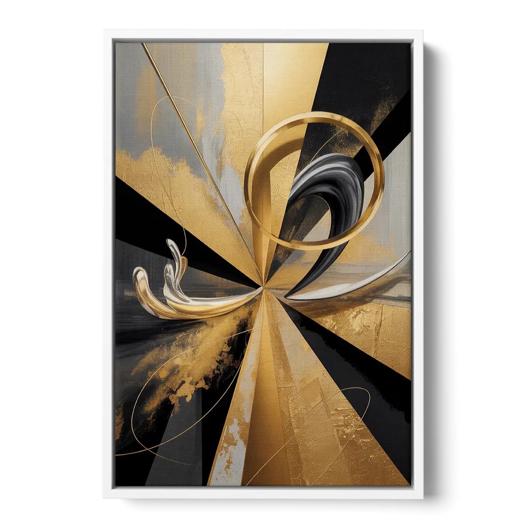 Majestic Symmetry Black and Gold Abstract - White Frame Canvas